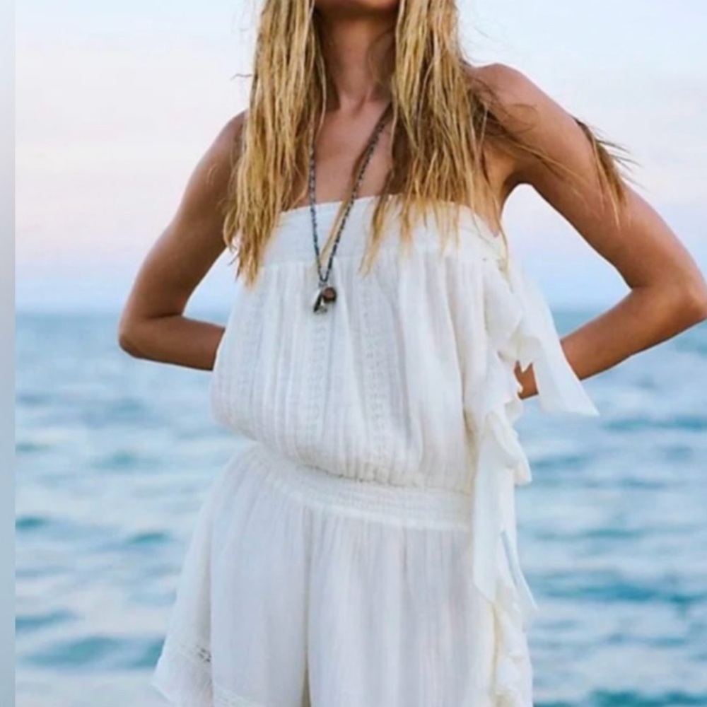 Free People “Feeling Fancy” Ruffled Romper in Ivory NWT